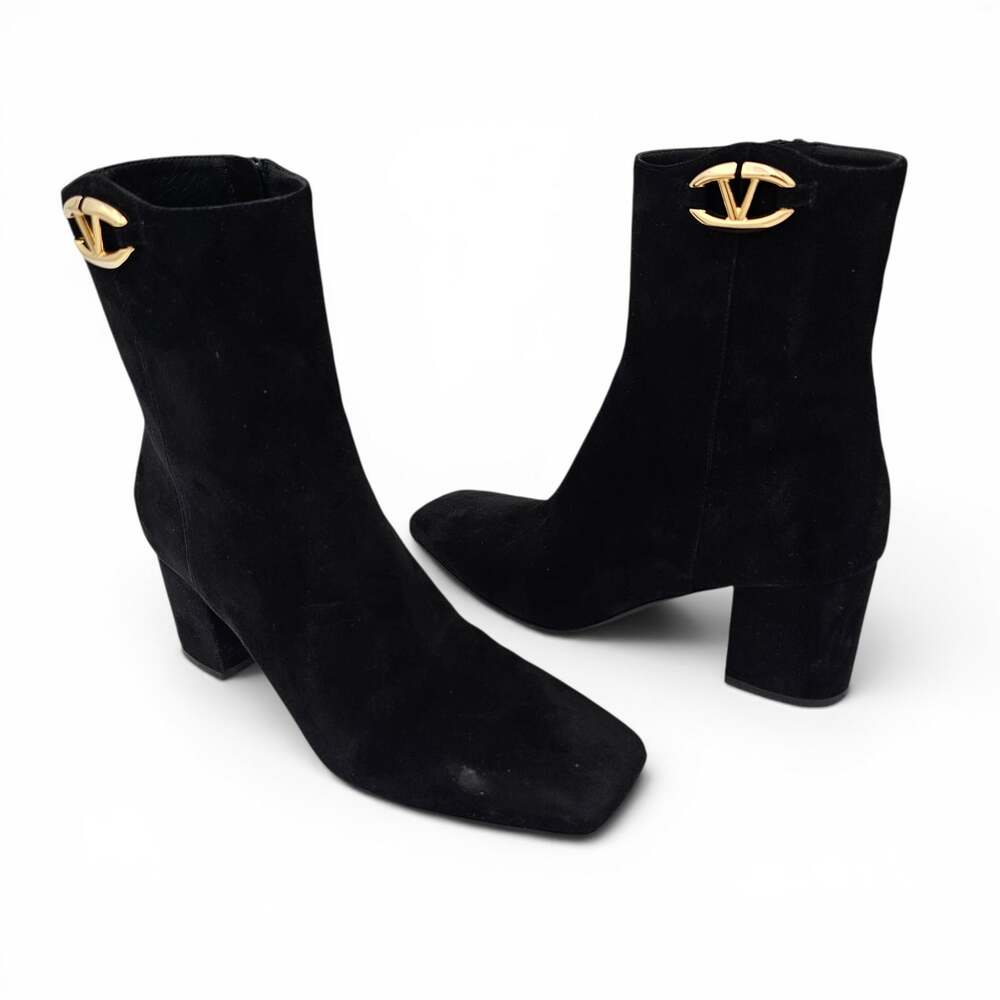 Valentino Garavani VLogo Black Suede Block Heel Ankle Boot Square Toe Size 37 7